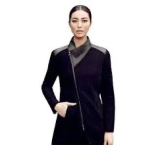 Eileen Fisher Black Boiled Merino Wool & Leather Moto Zipper Coat